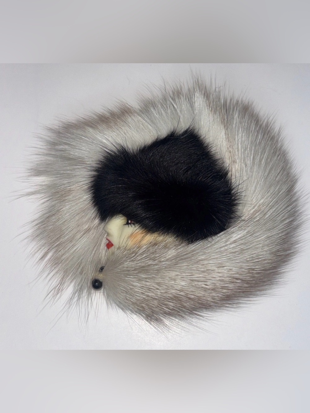 Vintage Art Deco Style 1980's Real Fur & Ceramic Lady Face Pin Brooch